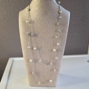 Silver-toned "Floating" Necklace With Pearl And Rhinestone Accents